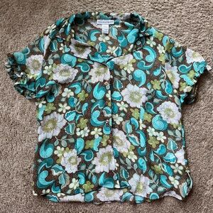 Sag Harbor Brown Teal Green Cream Floral Button Up Short Sleeve Semi Sheer Top